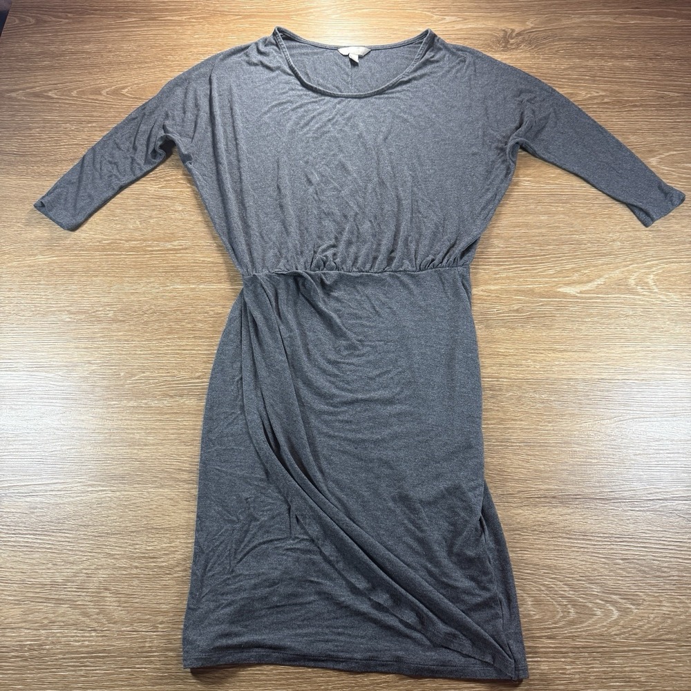 Banana Republic Women's Gray Midi Dress XS Cinched Waist 3/4 Sleeve Stretch